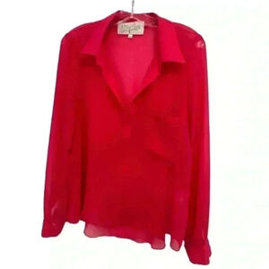 RORY BECA SHEER LONG SLEEVE HOT PINK COLLARD OPEN V NECK BLOUSE SIZE M